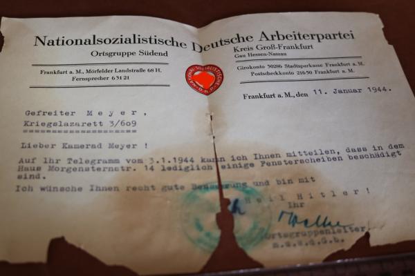 alter Feldpostbrief der NSDAP Ortsgruppe Südend  Gau Hessen-Nassau 1944